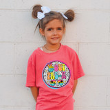 Retro Peace Out Pre-K DTF Heat Transfer, colorful and playful design for children's apparel featuring peace signs, flowers, and vibrant text.