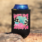 Long Live America DTF Heat Transfer, colorful patriotic eagle with American flag and stars design on a black can cooler.