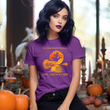 Dark Desert Highway Witch Screen Print Heat Transfer, purple t-shirt with witch silhouette and pumpkin moon design, suitable for Halloween or seasonal wear.