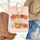 Mothers Plant Seeds Of Love That Bloom Forever DTF Heat Transfer, floral graphic T-shirt with a sunflower and various flowers, wedding accessories including cowboy boots, a hat, jewelry, and a skull.