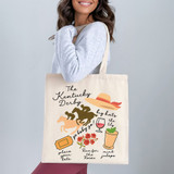 The Kentucky Derby Go Baby Go! DTF Heat Transfer, humorous tote bag featuring horse racing and Derby-themed illustrations and sayings.