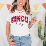 Cinco de Mayo Floral DTF Heat Transfer T-shirt, woman wearing a white T-shirt with colorful floral Cinco de Mayo design