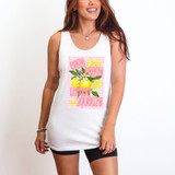 Easy Peasy Lemon Squeezy Gingham DTF Heat Transfer, colorful lemon-themed design with text and bows on a white tank top.