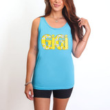 Gigi Lemons DTF Heat Transfer, woman wearing a blue tank top with a colorful lemon-themed 'Gigi' design.