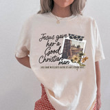 Jesus Gave Her A Good Christian Man DTF Heat Transfer, a t-shirt with religious and romantic graphic design featuring a photo, flowers, and script text.