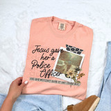 Jesus Gave Her A Police Officer DTF Heat Transfer, t-shirt with a quote and photo design of a woman walking near police cars.