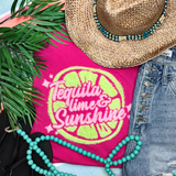 Tequila Lime & Sunshine Fluffy Patch, a pink fabric patch featuring the text 'Tequila Lime & Sunshine' inside a lemon-lime slice design.