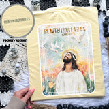 Beauty From Ashes SET DTF Heat Transfer, colorful religious artwork featuring Jesus with doves and a gold halo, for fabric printing.