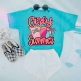 Girly Summer Retro DTF Heat Transfer, colorful graphic T-shirt with a tropical and summer theme, paired with white shorts, flip-flops, and sunglasses.