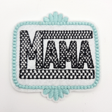 Checkered Western MAMA Embroidered HAT/POCKET Patch, embroidered patch featuring the word 'MAMA' with a checkered pattern, on a white background.