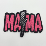 MAMA Checkered Lightning Bolt Embroidered HAT/POCKET Patch, embroidered patch with pink and black checkered lightning bolt design over the word 'MAMA' in pink and black outline.