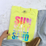 Sun Salt Sand Beach Scene DTF Heat Transfer, a vibrant yellow t-shirt with sunset, ocean, and palm tree graphic design.