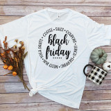 Black Friday word art circle sublimation transfer design on a white T-shirt, featuring phrases like coffee, sales, coupons, and shopping for Black Friday promotion.