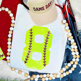 Softball Number Sequin Patch, neon yellow sequin patch with pink and black embroidered details of the number 8.