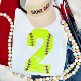Softball Number Sequin Patch, bright yellow numeral 2 with pink and black embroidered details on a white fabric background, used as a decorative patch for sports apparel.