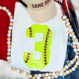 Softball Number Sequin Patch, bright yellow sequin patch with a large number 3 and decorative pink and black embroidery details.