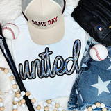 United Sequin Patch, colorful embroidered patch with sequins spelling out 'united' on a white fabric background.