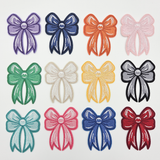 Coquette Bow Embroidered HAT/POCKET Patch, colorful embroidered bow patches in purple, navy, orange, pink, green, beige, yellow, black, turquoise, hot pink, royal blue, and red, with detailed white stitching.