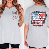 God Bless Arkansas SET DTF Heat Transfer T-shirt, gray short sleeve women's t-shirt with Arkansas design and American flag colors