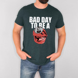 Bad Day To Be A Beer WHITE DTF Heat Transfer, t-shirt with a graphic of a crushed Bud Light can and bold white text.