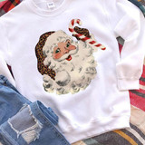 Vintage Santa with Leopard Print Screen Print Heat Transfer, festive holiday sweatshirt featuring a cheerful Santa with a leopard print Santa hat holding a candy cane.