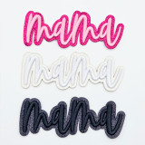 Mama Glitter & Embroidered Hat Patch – Choose Your Color, colorful embroidered patches spelling 'Mama' in pink, white, and black with glitter accents.