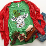 Merry and Bright Christmas Cow Screen Print Heat Transfer