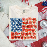 Product Floral Watercolor American Flag DTF Heat Transfer T-shirt with American flag design composed of blue watercolor stars and red watercolor flowers illustrations.