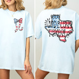 God Bless - Pick Your State SET DTF Heat Transfer, light blue T-shirt featuring a small bow with American flag design on the front and a large Texas-shaped graphic with "God Bless Texas!" text on the back.