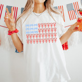 Lobster & Bow Flag DTF Heat Transfer, image showing a person wearing a white T-shirt with lobster and bow designs which are suitable for patriotic and summer celebrations.