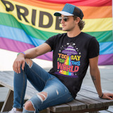 Retro Too Gay For This World DTF Heat Transfer product, a colorful graphic T-shirt featuring a UFO and rainbow with the text 'Too Gay For This World'