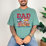 Dad Fixer Of All Things DTF Heat Transfer, graphic T-shirt featuring tools and an American flag background.