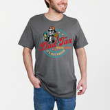 Dad Tax DTF Heat Transfer, humorous skeleton graphic with sunglasses, holding a drink and fries on a gray t-shirt.