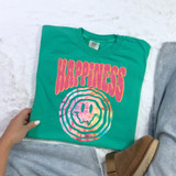 Happiness Melting Happy Face DTF Heat Transfer, colorful tie-dye smiling face design on a teal T-shirt.