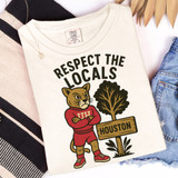 Respect Your Locals - PICK YOUR TEAM DTF Heat Transfer T-shirt with a graphic of an angry cougar wearing red athletic clothes and standing beside a tree with a sign that says Houston.
