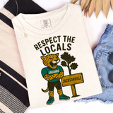 Respect Your Locals - PICK YOUR TEAM DTF Heat Transfer, a graphic T-shirt featuring a cartoon jaguar mascot wearing a Jaguars jersey and standing next to a Jacksonville sign.