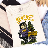 Respect Your Locals - PICK YOUR TEAM DTF Heat Transfer T-shirt featuring a dog character with crossed arms, a pine tree, and a Washington sign, suitable for custom apparel decoration.