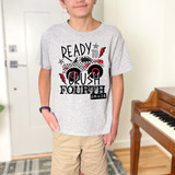 Back To School Ready To Crush DTF Heat Transfer, graphic design on gray t-shirt featuring a monster truck, checkered pattern, and phrases for students ready to excel in Grade Four.