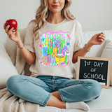 Happy First Day Of School Striped Coquette DTF Heat Transfer, colorful text design promoting the first day of school with school-themed embellishments.