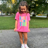 Distressed Colorful Sweet Summer Time DTF Heat Transfer, a girl in a pink T-shirt showcasing the vibrant, colorful summer-themed heat transfer design on her shirt.
