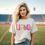Preppy Leopard Mascot DTF Heat Transfer, product featuring a stylish leopard print letter design on a white t-shirt worn by a young woman on a sports field.