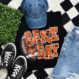 Orange Football Tiger Stripe & Sequins Patch, a colorful patch with tiger stripe pattern and sequins, featured on a sweatshirt in the image.