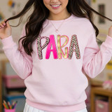 Preppy Leopard Para DTF Heat Transfer, colorful leopard and pink patterned letters spelling PARA on a pink sweatshirt.