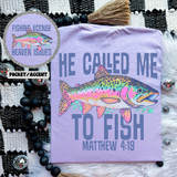 He Called Me To Fish SET DTF Heat Transfer, colorful fishing-themed design on a purple t-shirt with a bass and biblical quote from Matthew 4:19.