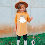 Retro Ghost With Flower Crown DTF Heat Transfer, product featuring a cute ghost with a flower crown design on a girl's yellow t-shirt.