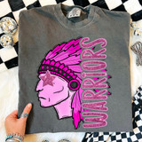 Pink Glitz Mascot DTF Heat Transfer, pink graphic of a Native American chief in a headdress with the word 'WARRIORS' in pink glitter letters on a grey t-shirt.