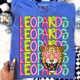 Stacked Retro Mascot DTF Heat Transfer, colorful neon-style leopard mascot design with the word 'LEOPARDS' repeated vertically in vibrant colors on a blue t-shirt.