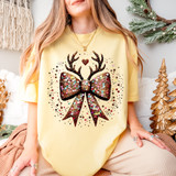 Faux Sequins Reindeer Bow DTF Heat Transfer, festive holiday design with sequin embellishments on a Christmas-themed t-shirt.