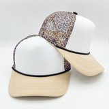 Leopard Print TAN BILL Foam Trucker Hat, stylish cap with animal print and beige bill.