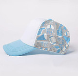 Football Medley Team Colors Foam Trucker Hat, front view of the cap featuring a light blue bill, white front panel, and mesh side panels with a floral and football pattern in blue, gray, and white.